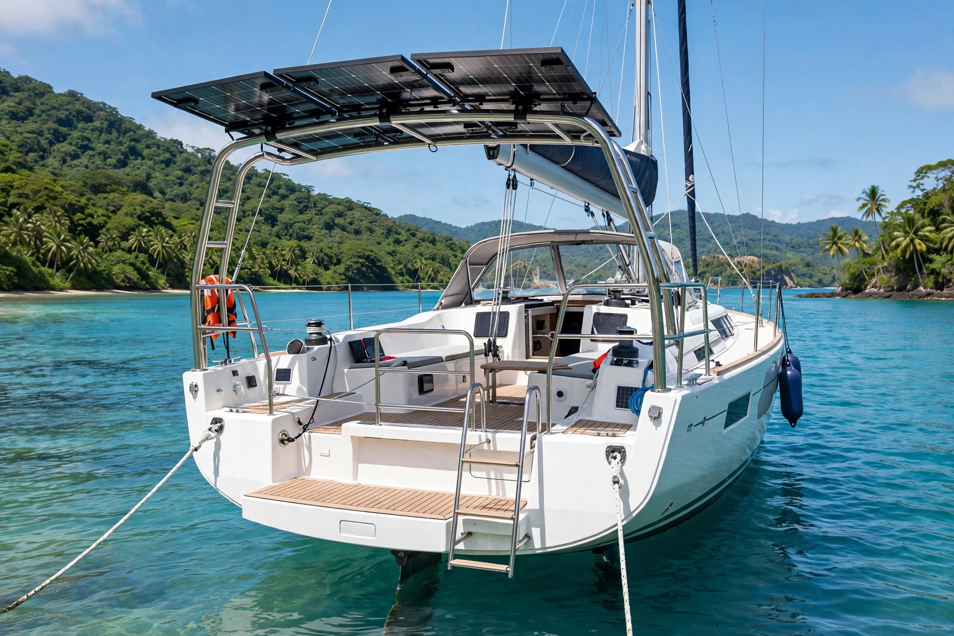 Solar panels on a sailboat stern arch
